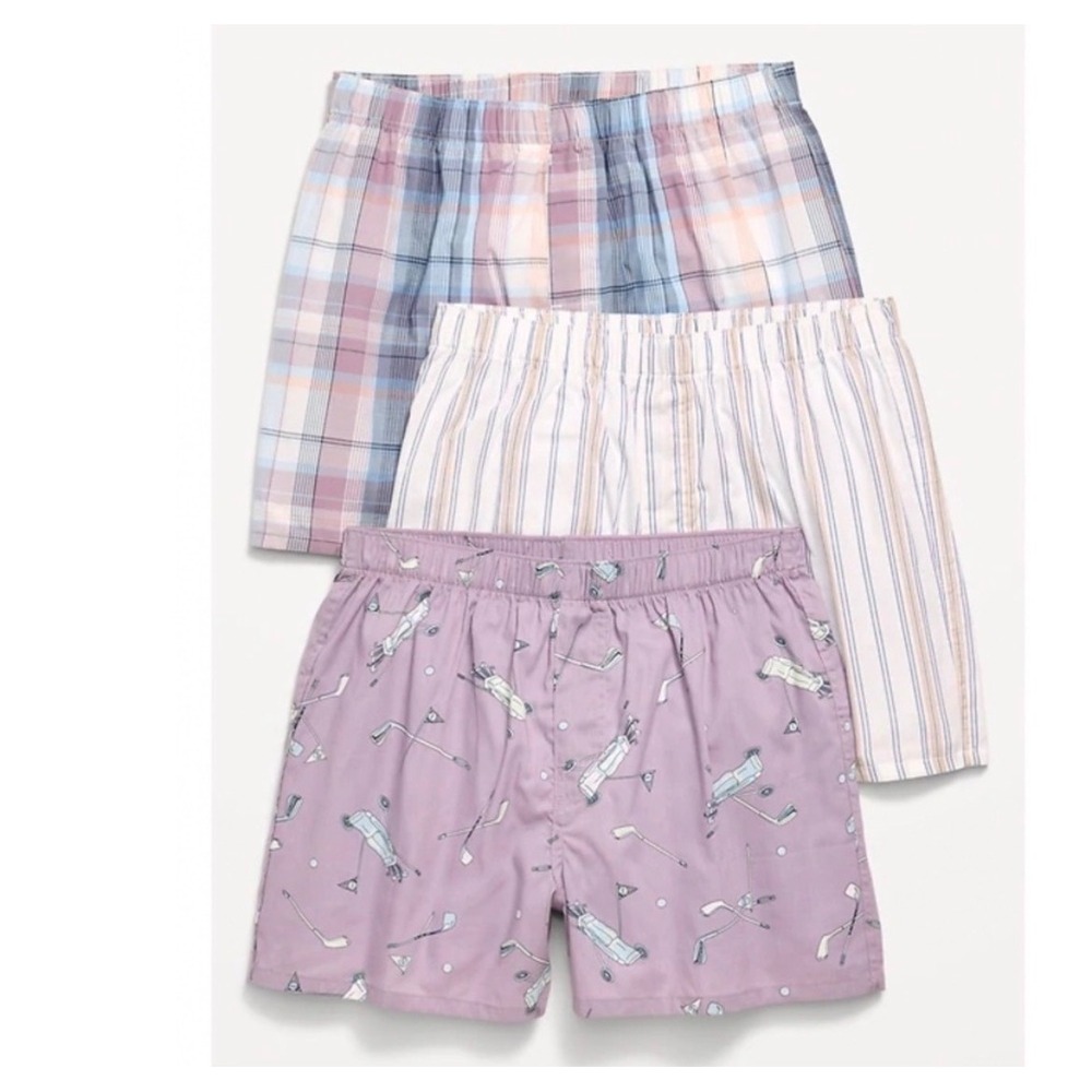 Old Navy Men Boxer Shorts 3-Pack XS Golf Plaid Stripe Cotton Poplin Purple Blue